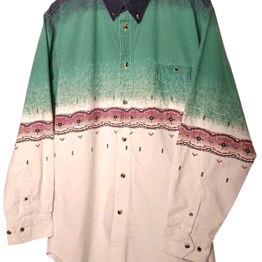 Express Rider Shirt Large Button Down Southwest Geometric Teal Vintage Cowboy